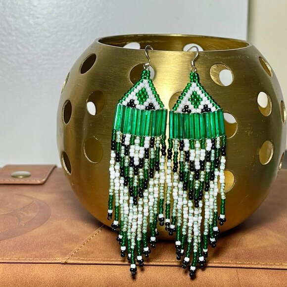 Handcrafted Green & Black Beaded Fringe Earrings With Geometric Tribal Design - Picture 2 of 3